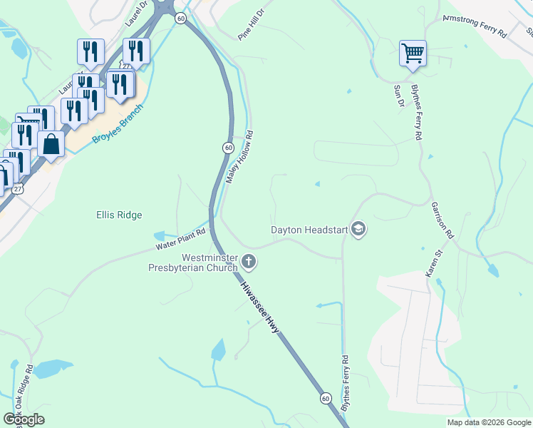 map of restaurants, bars, coffee shops, grocery stores, and more near 346 Maley Hollow Road in Dayton