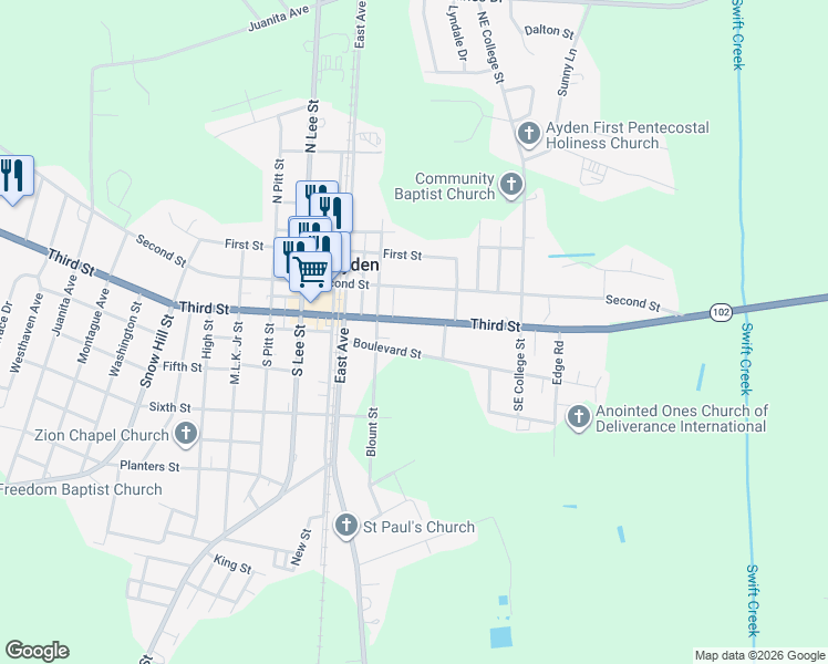 map of restaurants, bars, coffee shops, grocery stores, and more near 652 3rd Street in Ayden