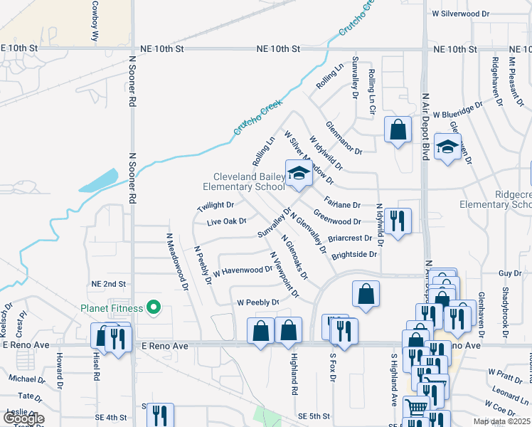 map of restaurants, bars, coffee shops, grocery stores, and more near 3408 North Glenoaks Drive in Midwest City