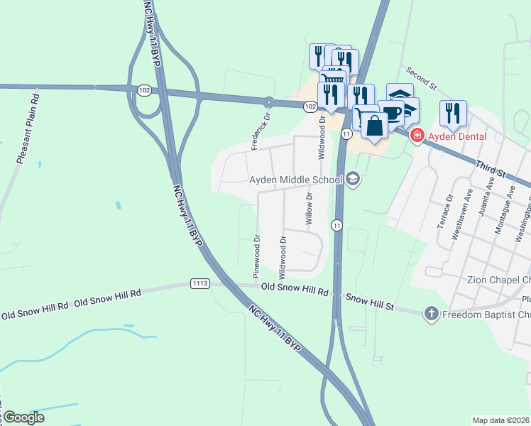 map of restaurants, bars, coffee shops, grocery stores, and more near 4227 Pinewood Drive in Ayden