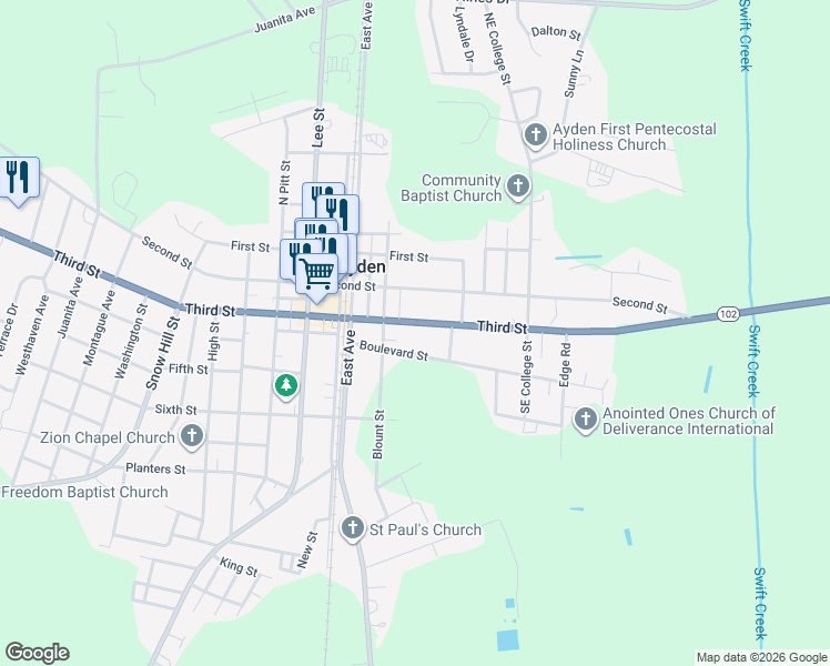 map of restaurants, bars, coffee shops, grocery stores, and more near 652 3rd St in Ayden