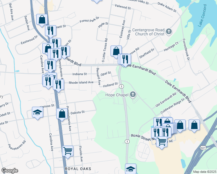 map of restaurants, bars, coffee shops, grocery stores, and more near 1212 Holland St in Kannapolis