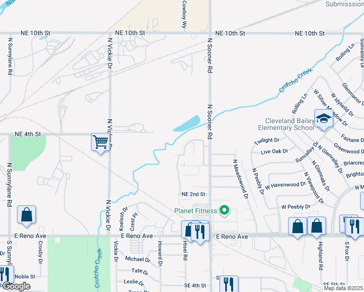 map of restaurants, bars, coffee shops, grocery stores, and more near 5525 Crooked Creek Road in Oklahoma City