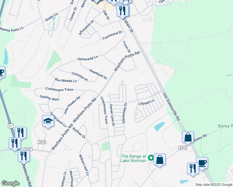 map of restaurants, bars, coffee shops, grocery stores, and more near 10955 Shelly Renee Drive in Cornelius