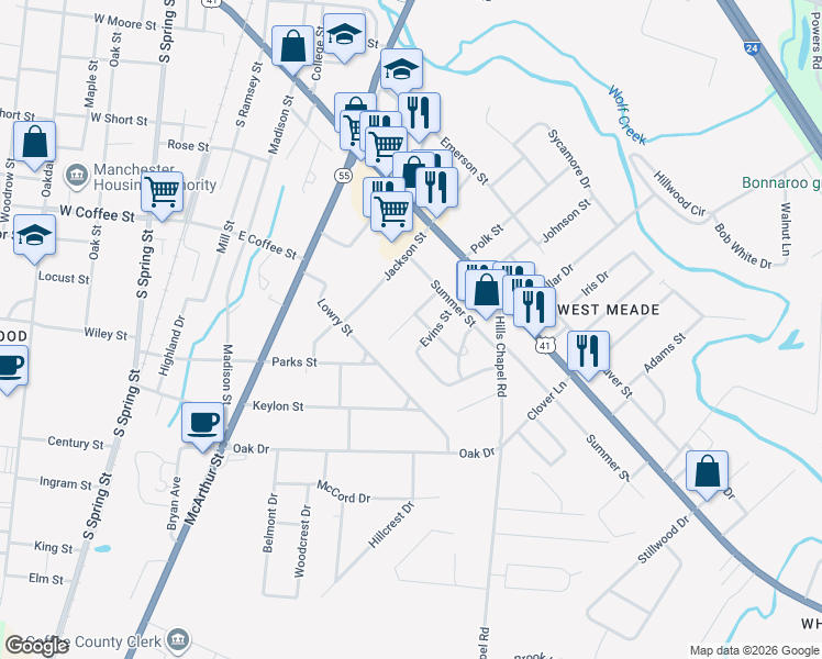 map of restaurants, bars, coffee shops, grocery stores, and more near 1003 Thoma Street in Manchester