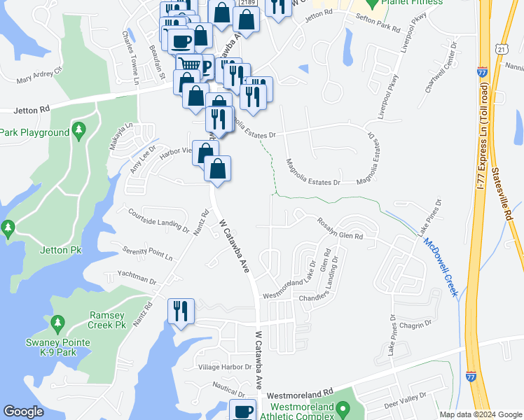 map of restaurants, bars, coffee shops, grocery stores, and more near 8915 Rosalyn Glen Road in Cornelius