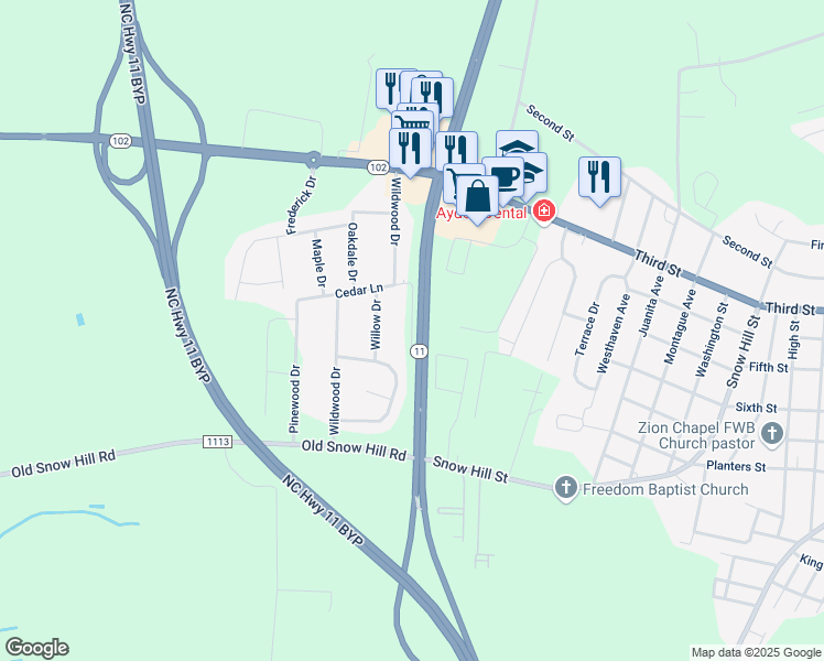 map of restaurants, bars, coffee shops, grocery stores, and more near 706 Pine Forest Road in Ayden