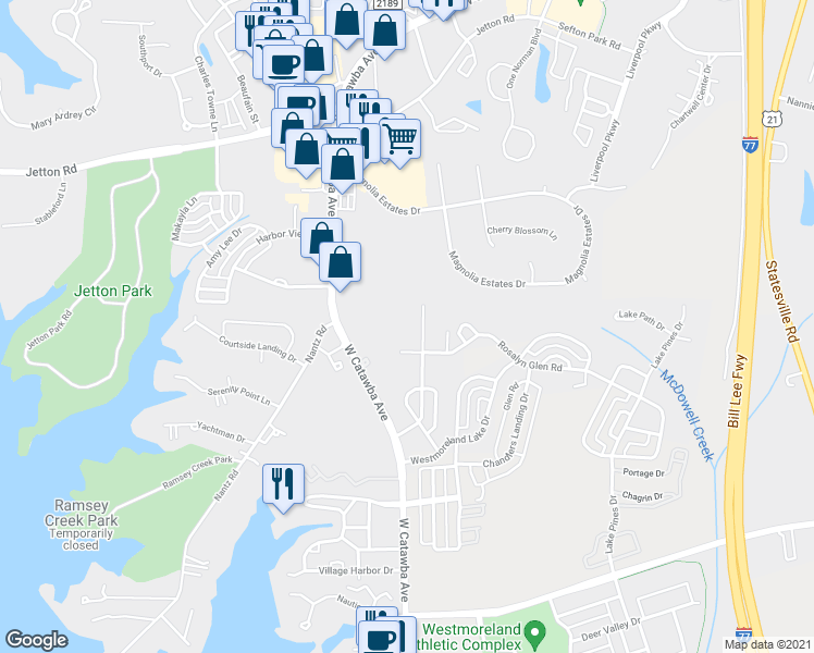 map of restaurants, bars, coffee shops, grocery stores, and more near 8907 Rosalyn Glen Road in Cornelius
