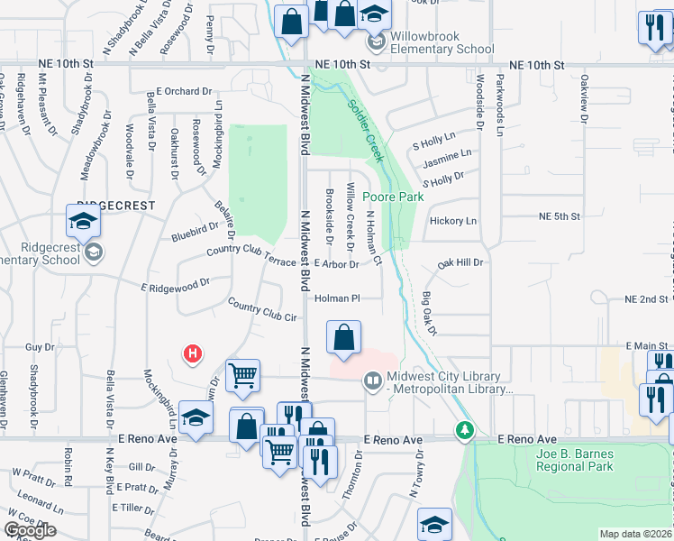 map of restaurants, bars, coffee shops, grocery stores, and more near 614 East Arbor Drive in Midwest City