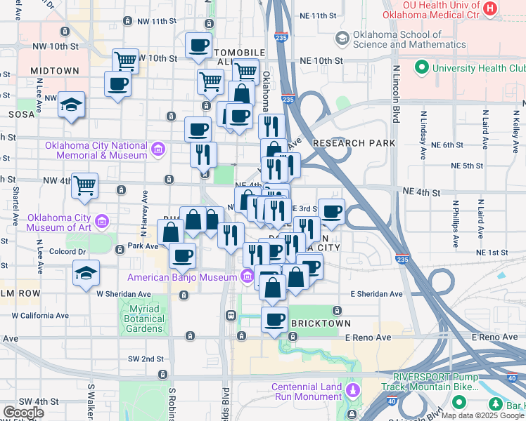 map of restaurants, bars, coffee shops, grocery stores, and more near 30 Northeast 3rd Street in Oklahoma City