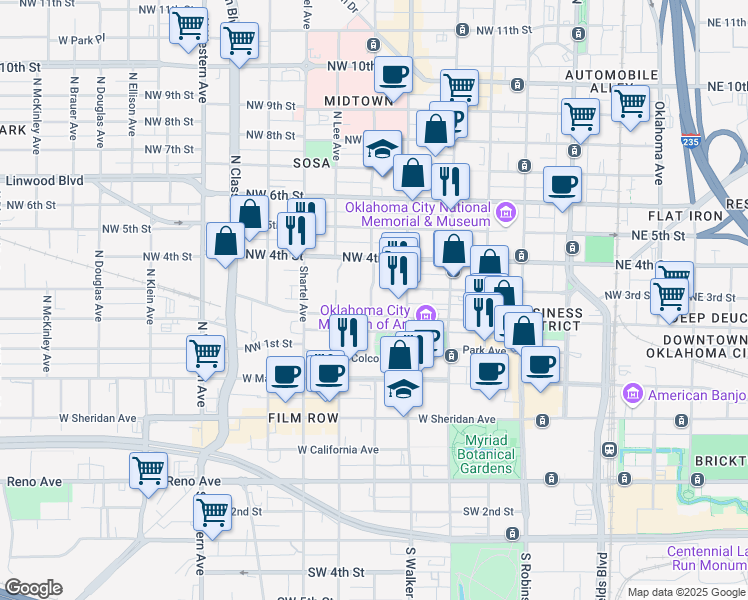 map of restaurants, bars, coffee shops, grocery stores, and more near 4 North Dewey Avenue in Oklahoma City