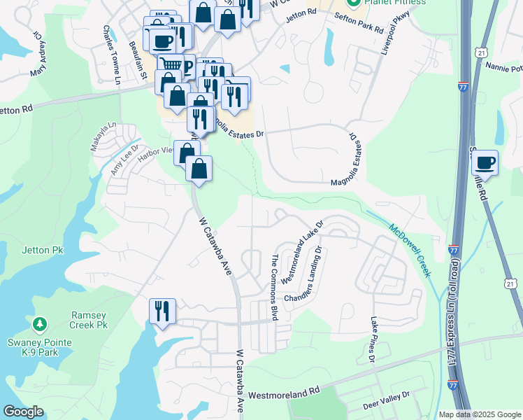 map of restaurants, bars, coffee shops, grocery stores, and more near 9051 Rosalyn Glen Road in Cornelius