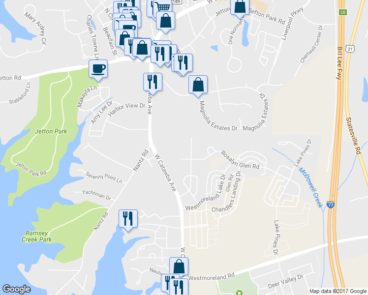 map of restaurants, bars, coffee shops, grocery stores, and more near 8907 Rosalyn Glen Road in Cornelius