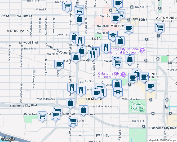 map of restaurants, bars, coffee shops, grocery stores, and more near 825 Robert S Kerr Avenue in Oklahoma City