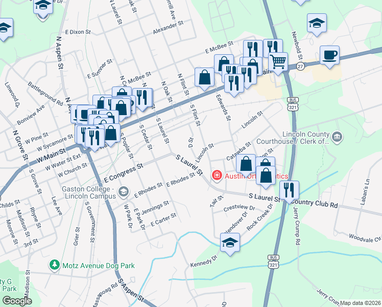 map of restaurants, bars, coffee shops, grocery stores, and more near 338 D Street in Lincolnton