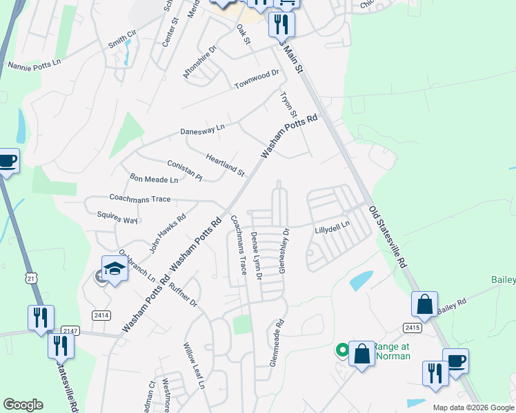 map of restaurants, bars, coffee shops, grocery stores, and more near 10955 Shelly Renee Drive in Cornelius
