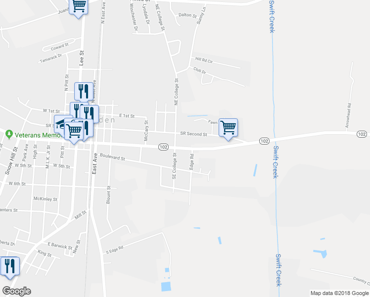 map of restaurants, bars, coffee shops, grocery stores, and more near 774 East 3rd Street in Ayden