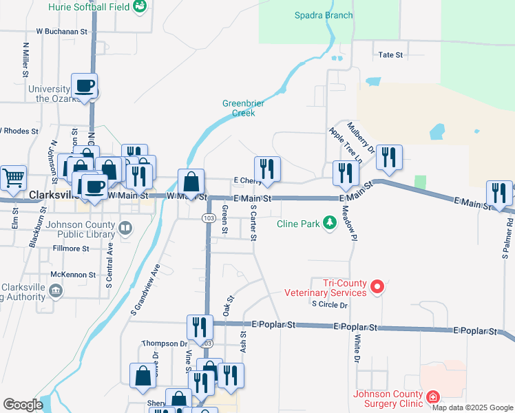 map of restaurants, bars, coffee shops, grocery stores, and more near 16 Parkway Drive in Clarksville