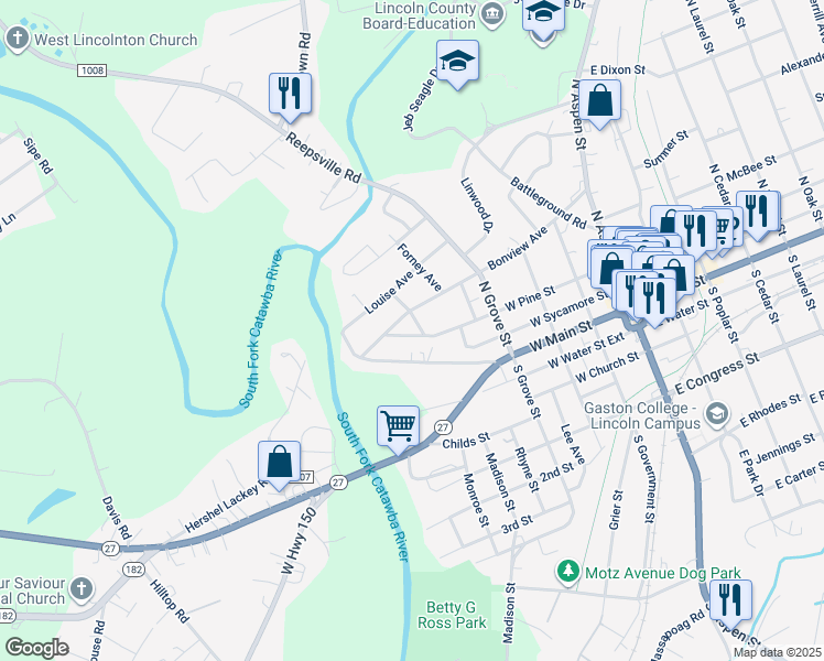 map of restaurants, bars, coffee shops, grocery stores, and more near 307 Roberta Avenue in Lincolnton