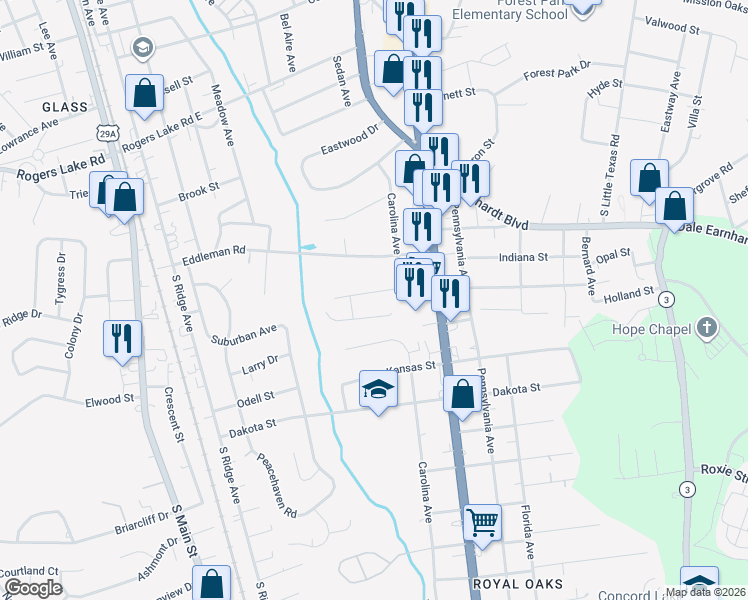 map of restaurants, bars, coffee shops, grocery stores, and more near 610 Sumner Street in Kannapolis