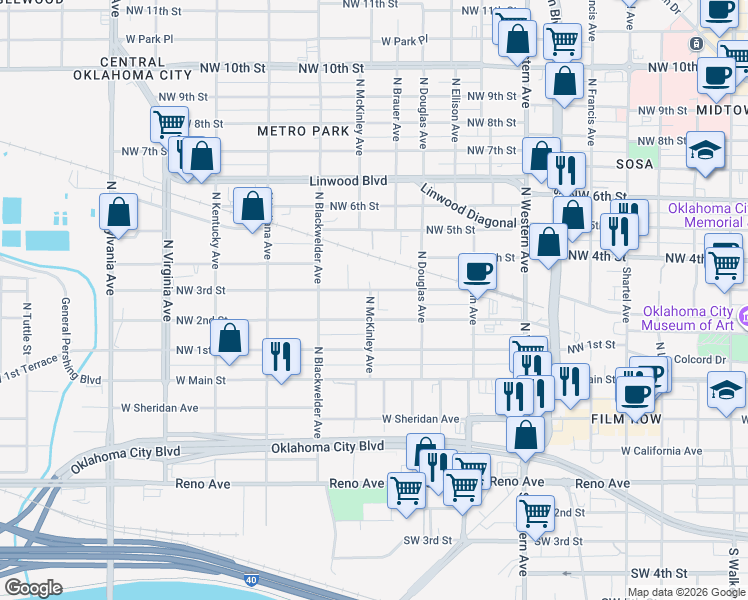 map of restaurants, bars, coffee shops, grocery stores, and more near 1332 Northwest 3rd Street in Oklahoma City