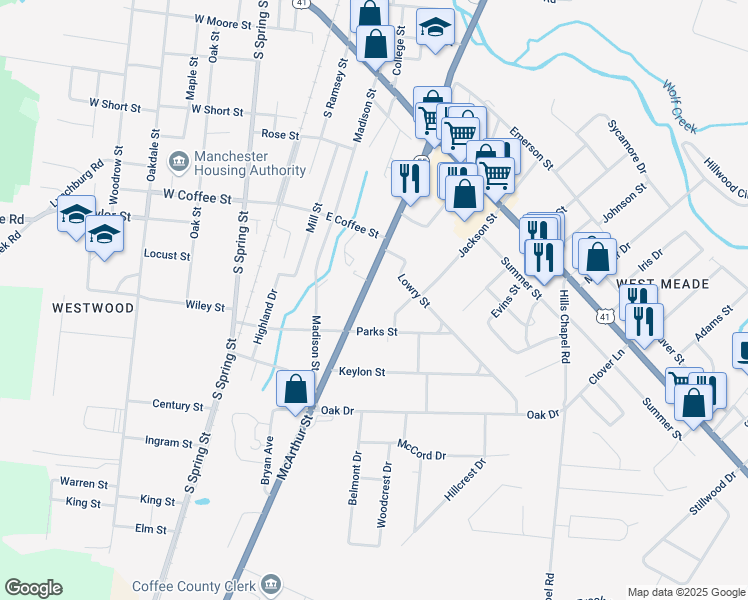 map of restaurants, bars, coffee shops, grocery stores, and more near 915 McArthur Street in Manchester