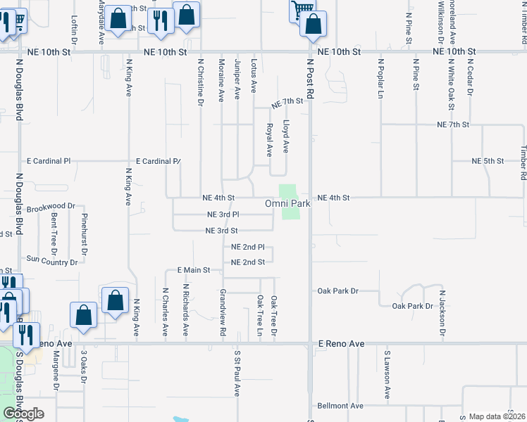 map of restaurants, bars, coffee shops, grocery stores, and more near 9719 Northeast 3rd Place in Midwest City