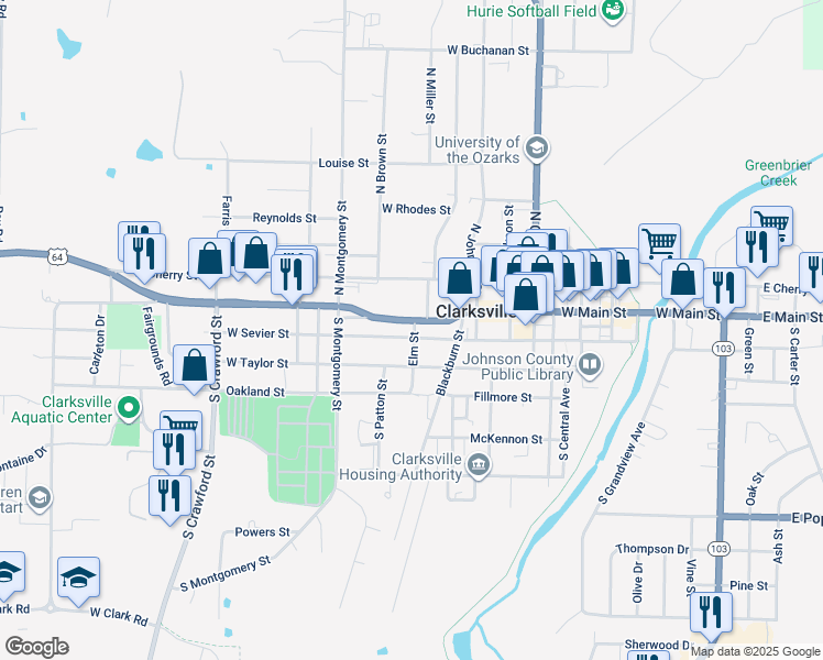 map of restaurants, bars, coffee shops, grocery stores, and more near 715 West Main Street in Clarksville