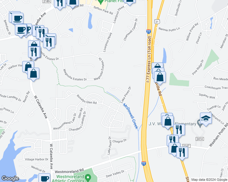 map of restaurants, bars, coffee shops, grocery stores, and more near 17109 Lake Path Drive in Cornelius