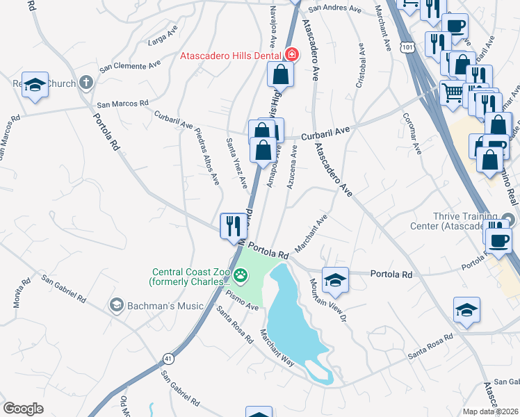 map of restaurants, bars, coffee shops, grocery stores, and more near 8575 Morro Road in Atascadero
