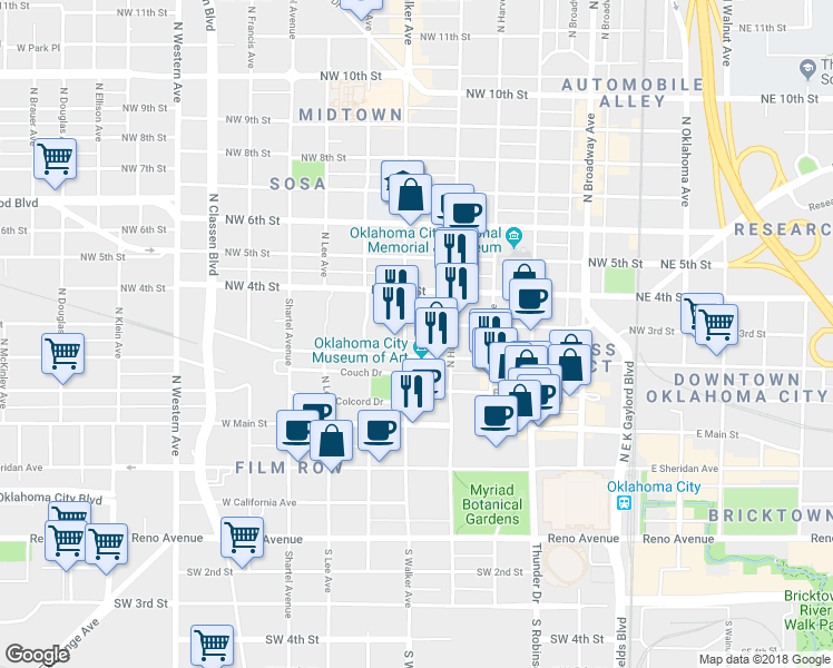 map of restaurants, bars, coffee shops, grocery stores, and more near 428 Dean A McGee Ave in Oklahoma City