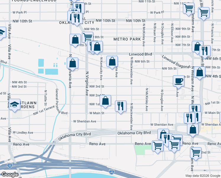 map of restaurants, bars, coffee shops, grocery stores, and more near 1618 Northwest 3rd Street in Oklahoma City