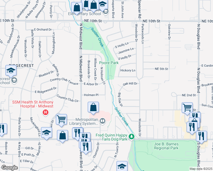 map of restaurants, bars, coffee shops, grocery stores, and more near 3222 North Holman Court in Midwest City