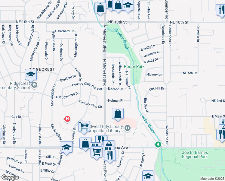 map of restaurants, bars, coffee shops, grocery stores, and more near 614 East Arbor Drive in Midwest City