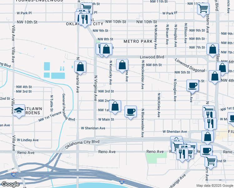 map of restaurants, bars, coffee shops, grocery stores, and more near 1618 Northwest 3rd Street in Oklahoma City