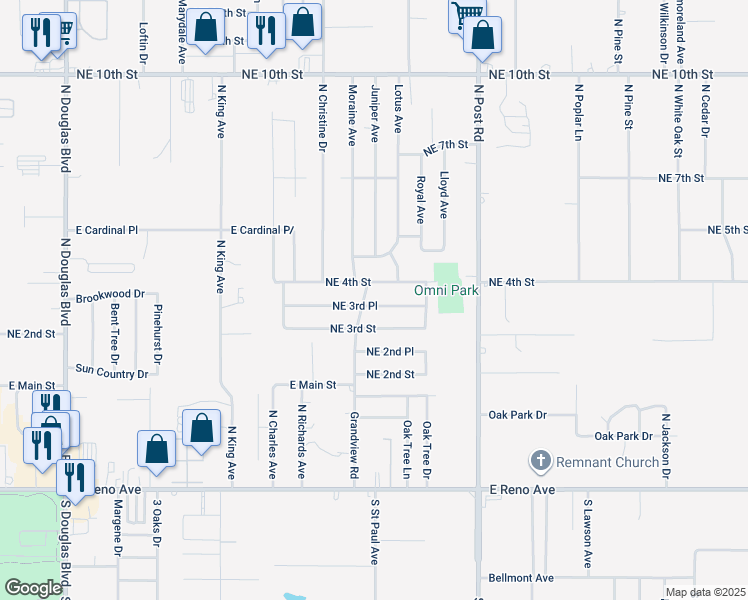 map of restaurants, bars, coffee shops, grocery stores, and more near 9703 Northeast 3rd Place in Midwest City