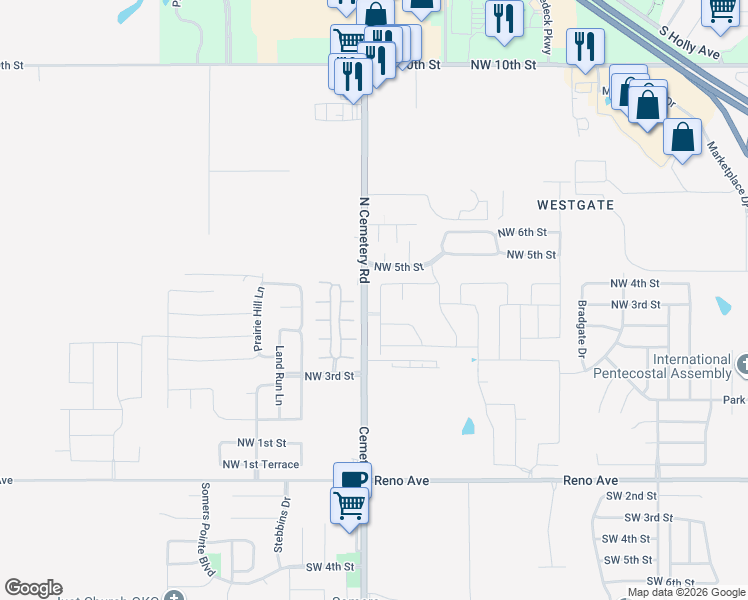 map of restaurants, bars, coffee shops, grocery stores, and more near 449 Compass Drive in Yukon