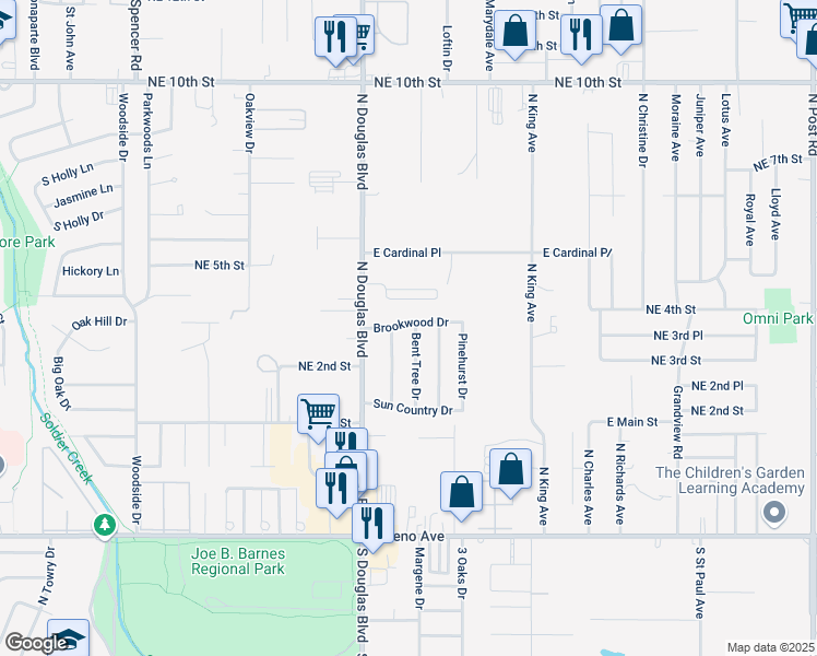 map of restaurants, bars, coffee shops, grocery stores, and more near 9024 Brookwood Drive in Midwest City