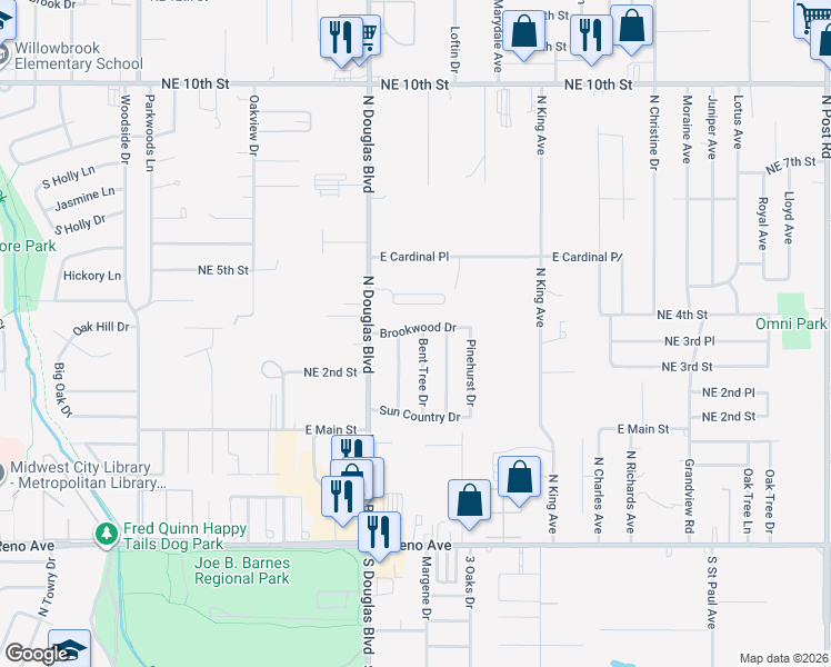 map of restaurants, bars, coffee shops, grocery stores, and more near 420 Cedar Bend Drive in Midwest City
