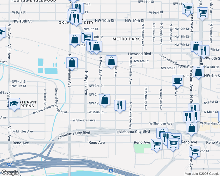 map of restaurants, bars, coffee shops, grocery stores, and more near 1618 Northwest 3rd Street in Oklahoma City