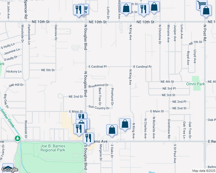 map of restaurants, bars, coffee shops, grocery stores, and more near 421 Blue Spruce Drive in Midwest City