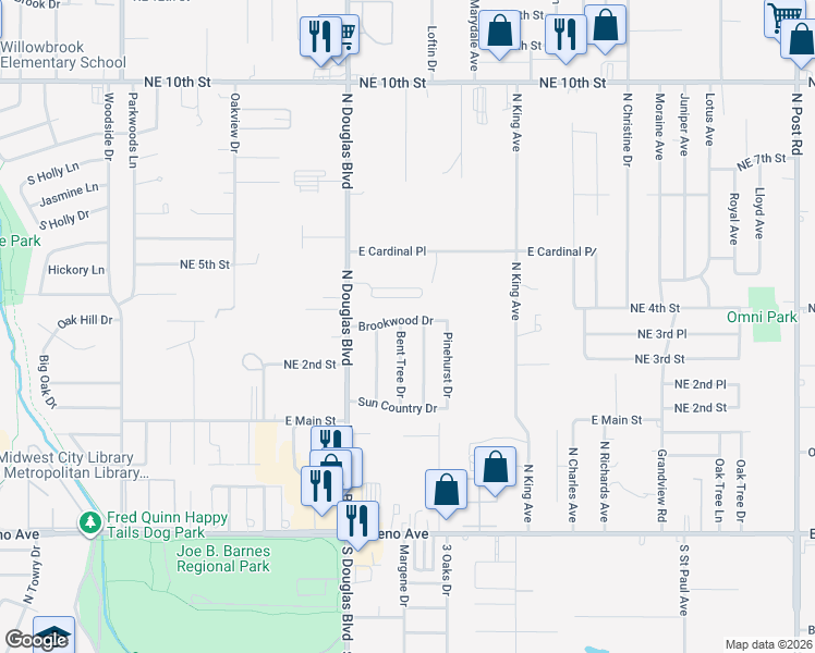 map of restaurants, bars, coffee shops, grocery stores, and more near 421 Blue Spruce Drive in Midwest City