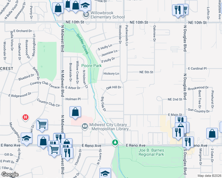 map of restaurants, bars, coffee shops, grocery stores, and more near 1104 Oak Hill Drive in Midwest City