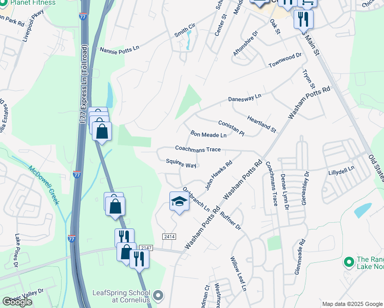 map of restaurants, bars, coffee shops, grocery stores, and more near 10317 Squires Way in Cornelius