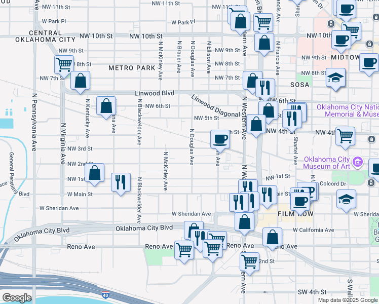 map of restaurants, bars, coffee shops, grocery stores, and more near 315 North Douglas Avenue in Oklahoma City
