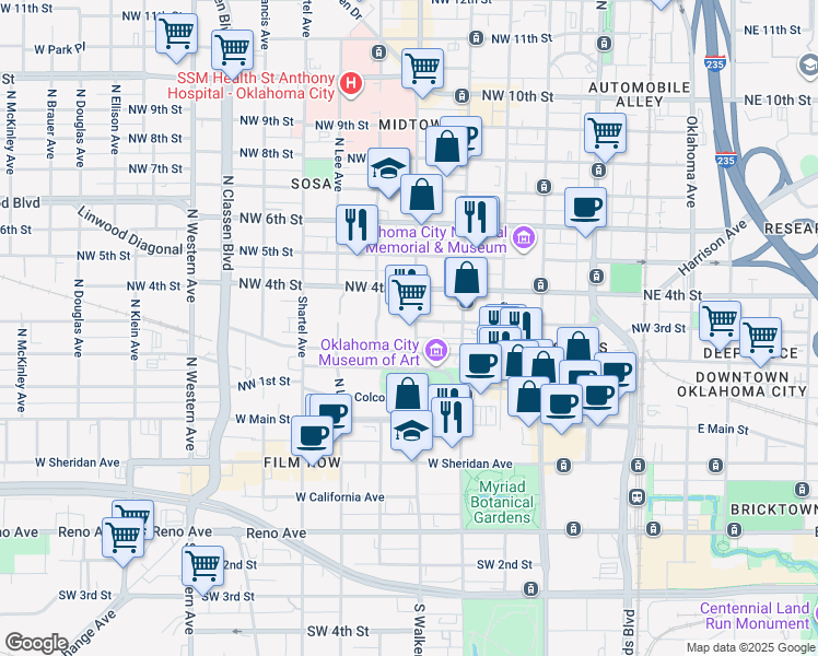 map of restaurants, bars, coffee shops, grocery stores, and more near 300 North Walker Avenue in Oklahoma City