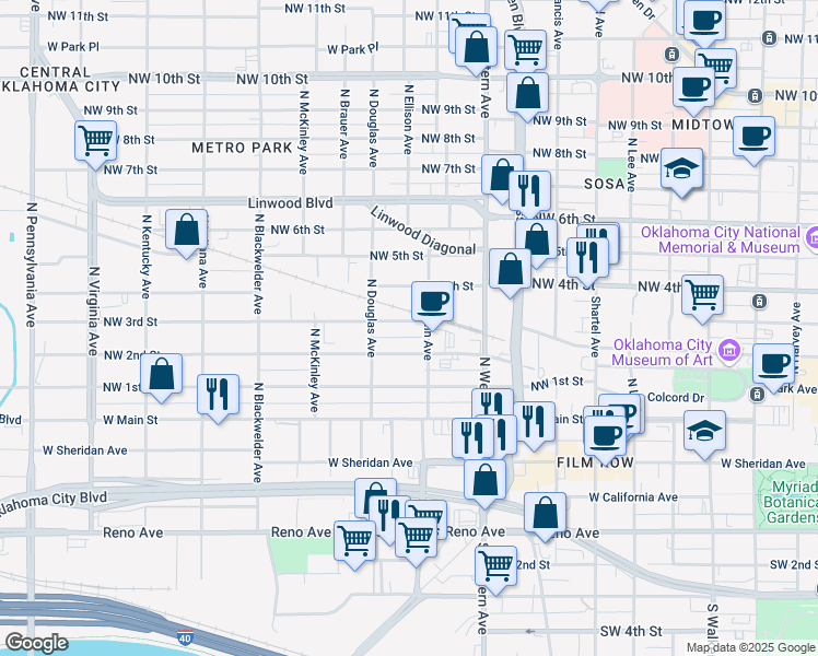 map of restaurants, bars, coffee shops, grocery stores, and more near 1210 Northwest 3rd Street in Oklahoma City