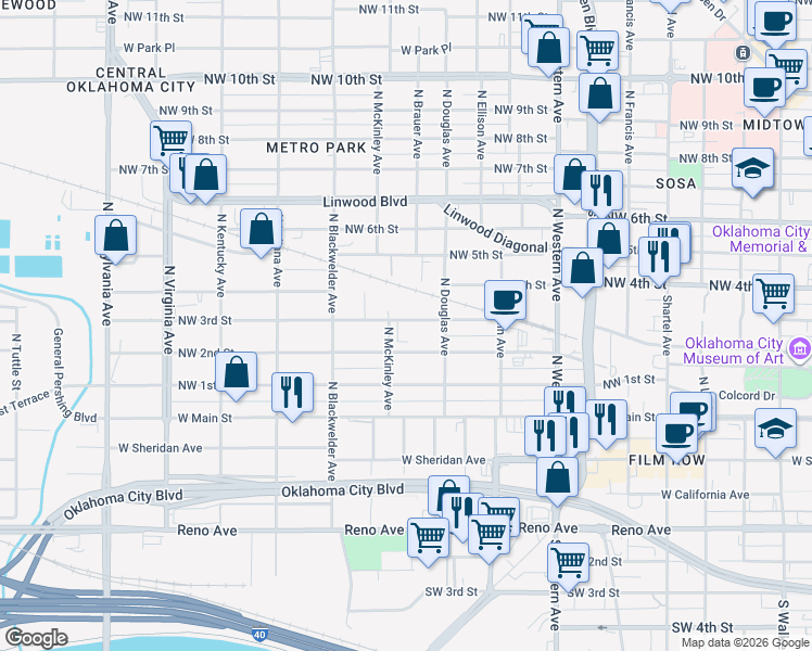 map of restaurants, bars, coffee shops, grocery stores, and more near 1332 Northwest 3rd Street in Oklahoma City