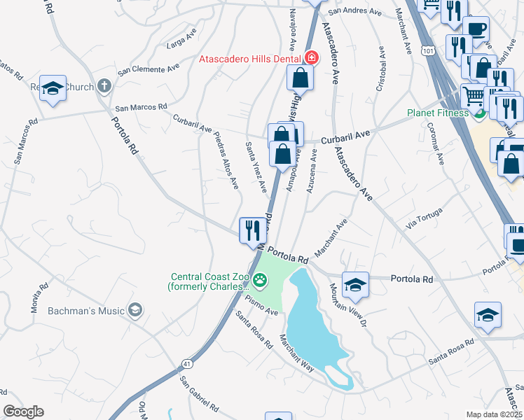 map of restaurants, bars, coffee shops, grocery stores, and more near 8824 California 41 in Atascadero