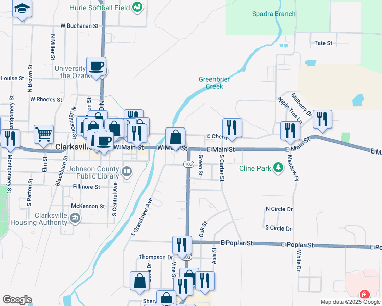 map of restaurants, bars, coffee shops, grocery stores, and more near 101 South Rogers Street in Clarksville